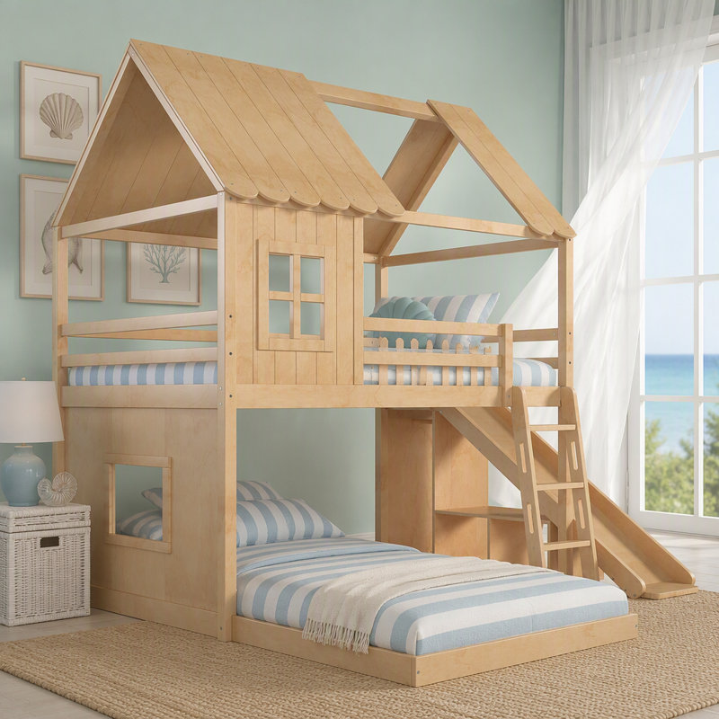 Lit superposé double au-dessus d'un lit double avec échelles et glissières, lit superposé au sol avec tablettes de rangement et garde-robe, conception de maisonnette naturelle