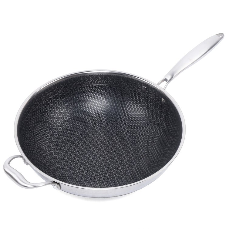 13.4-Inch Stainless Steel Wok Honeycomb Frying Pan With Glass Lid