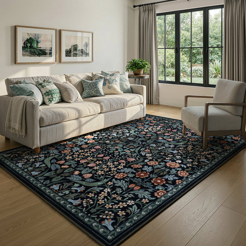 Tapis lavable à motif floral Kaldi, Rectangle 5 pi x 7 pi, Noir