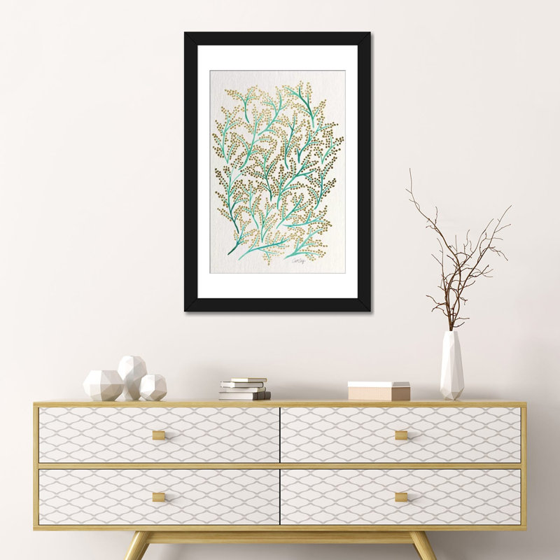 « green gold branches », impression sur toile tendue, H 24 po x l 16 po x P 1 po, Papier d'art encadré noir, Blanc