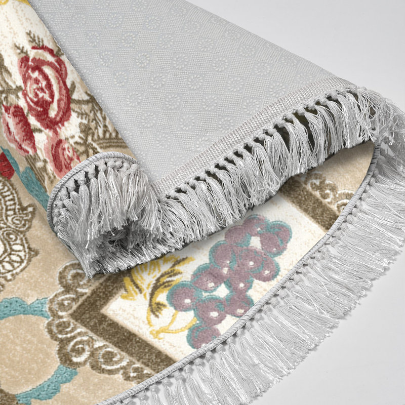 Tapis ovale en polyamide tissé à la machine en brun / beige / bleu, Ovale 5 pi 3 po x 7 pi 7 po