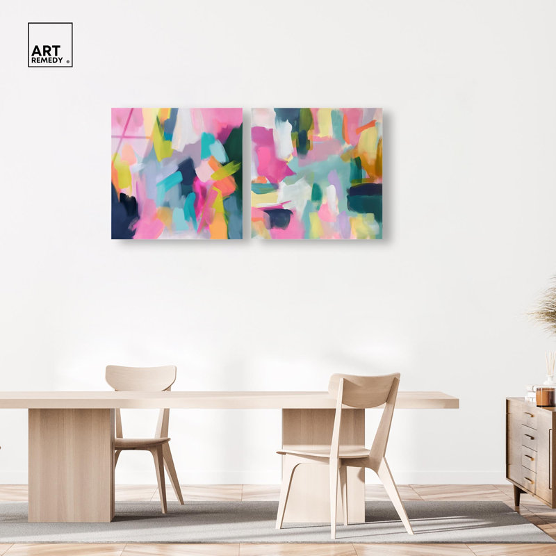 Ensemble « Flamingo Mist » : ensemble d'art abstrait moderne sur toile acrylique par Art Remedy, prêt à  accrocher, 12 x 12