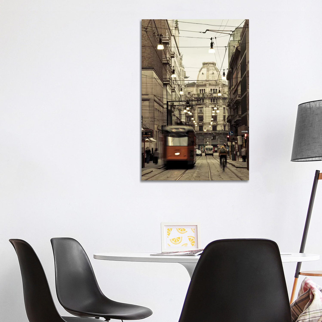 Tram On A Street, Piazza Del Duomo, Milan, Lombardy, Italy - Wrapped Canvas Print