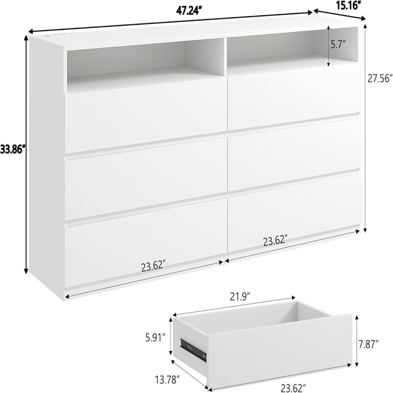 6 Drawers Dresser, Drawer Dresser With Power Outlet, Accent Chests Of Drawers With Led Light, Modern Storage Dresser For Bedroom, Living Room