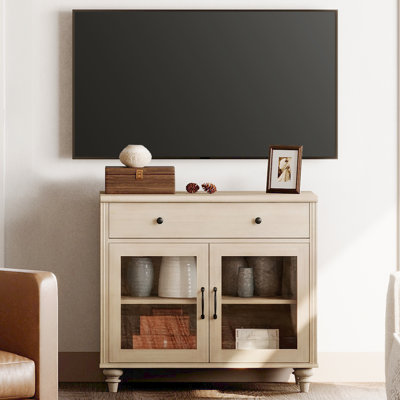 Corretta Farmhouse TV Stand For 43 Inch TV With Glass Doors And Drawer, Wood Universal TV Stand With Storage Cabinets, Entertainment Center TV Console Table For Living Room, Bedroom, Beige