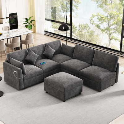 Canapé modulaire multi-formes en U et en L avec repose-pieds mobile et deux ports de chargement USB pour le salon