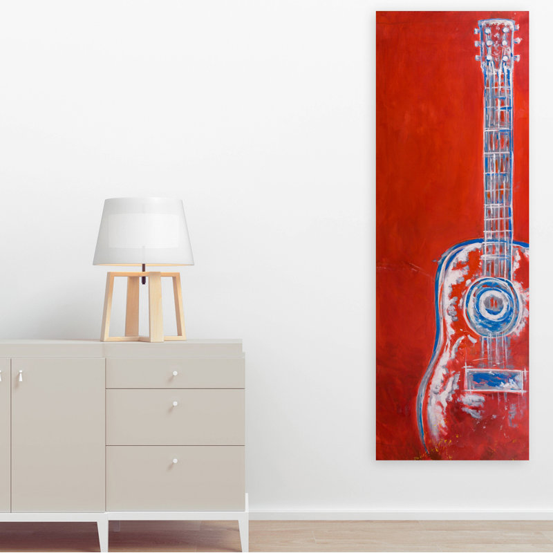 Guitare moderne abstraite rouge - reproduction panoramique sur toile, H 48 po x l 16 po x P 1,5 po