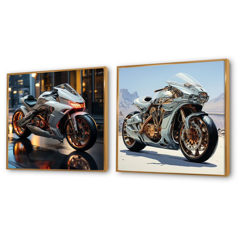 Futuriste Speedster - ensemble de 2 collages carrés de moto, H 16 po x l 33 po, Cadre flottant doré