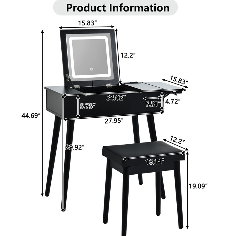 Meuble-lavabo 27,9 po avec station de charge, DEL, 2 tiroirs, panneau et tabouret rembourré en cuir pour la chambre à coucher, station de table et panneau de maquillage noir, assise rembourrée