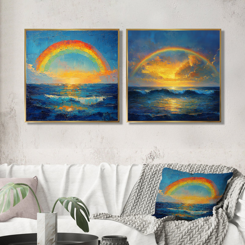 «Rainbow On The Ocean Harmony I» - décoration murale arc-en-ciel - art mural traditionnel 2 pièces, Cadre flottant, Doré