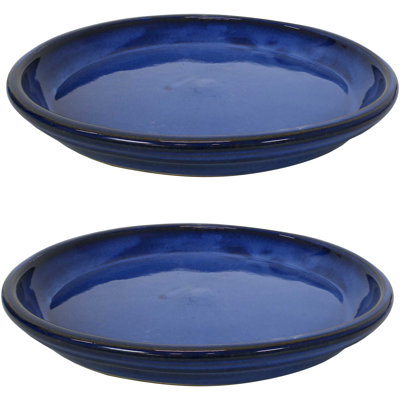 Round Glazed Ceramic Flower Pot Saucer Set of 2 - Fits 12" Planters - Blue