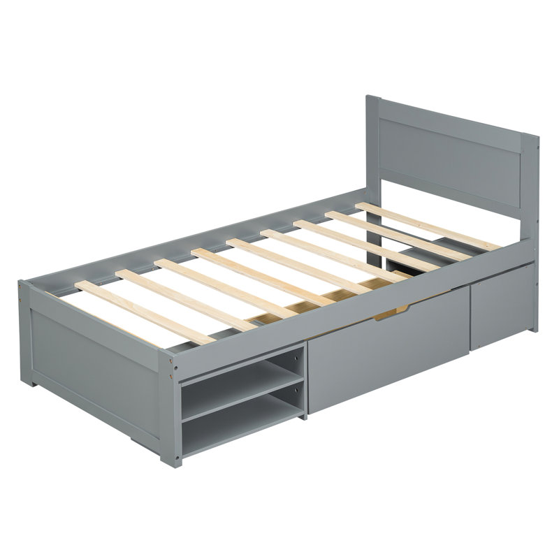 Lit avec tiroir et deux tablettes pratiques, Lit simple, Gris antique