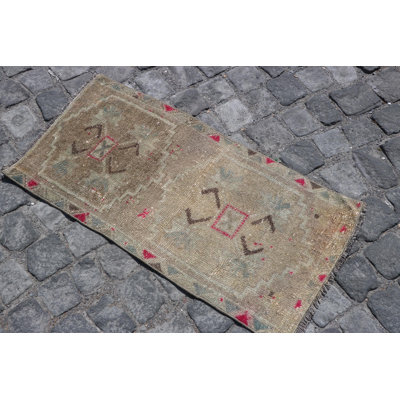 Vintage Small Turkish Rug in Beige - Rustic Distressed Bathroom or Kids Room Mat