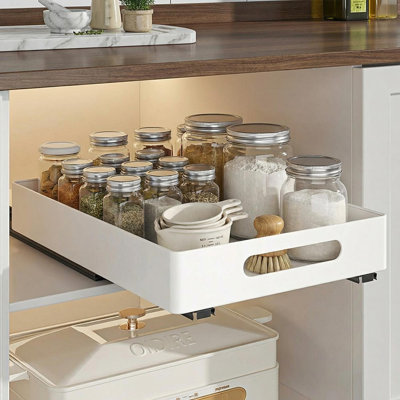 Pull Out Cabinet Organizer, Expandable Heavy Duty Slide Out Drawers Fixed with Adhesive Film for Pots, Roll Out Shelf Storage for Kitchen Base Cabinet Organization