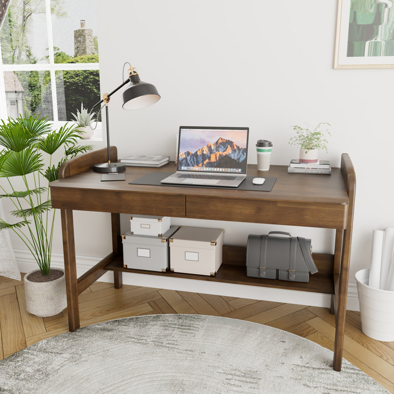 Solid Wood Desk with Drawers - Manual Adjustable Height Standing Computer Desk with Cable Hole, Brown