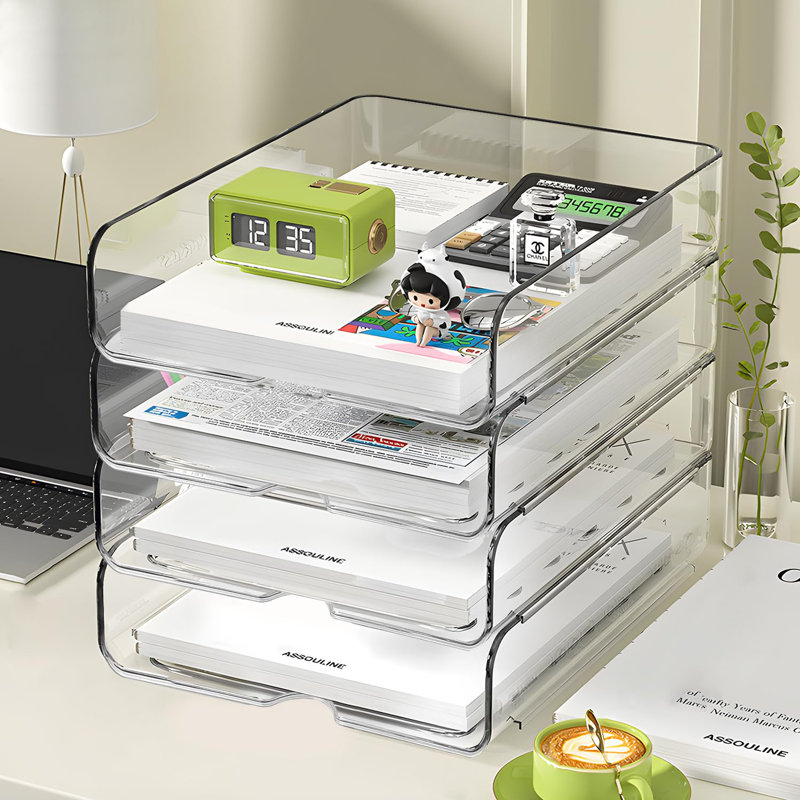 4-Tier Paper Organizer For Desk, Stackable Desk Organizer Paper Tray, Desk Accessories & Workspace Organizers,Clear