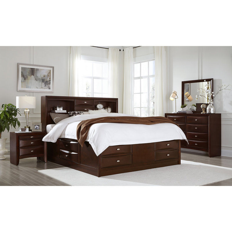 Solid Wood Queen White Eight Drawers Bed, Brown, Full/Double