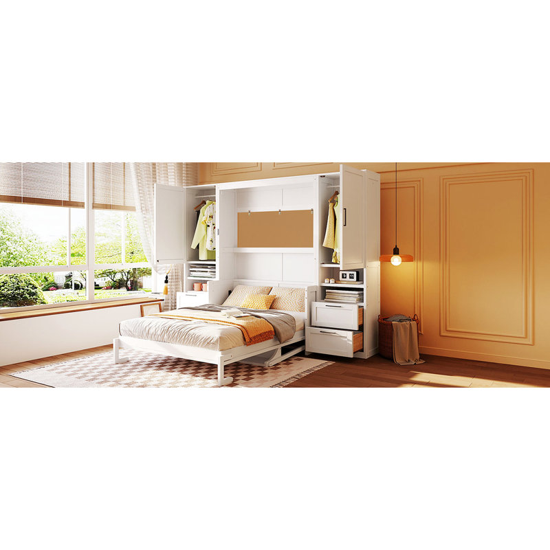 Lit double mural blanc avec tablette de rangement latérale et sous le lit rabattable pour tablettes à tiroirs intégrés Tidy Living