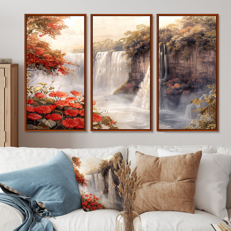 Chutes d'Iguazu dans la jungle de l'Argentine II - ensemble d'impression d'art mural jungle, Toile avec cadre flottant brun