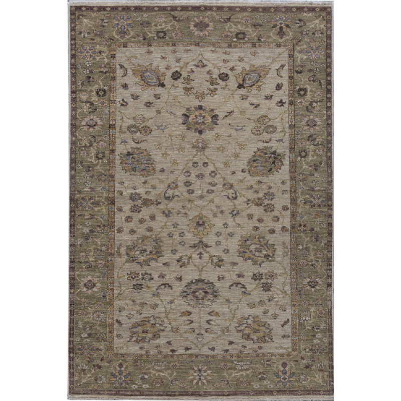 Tapis beige et vert clair de haute qualité noué à la main Ziegler