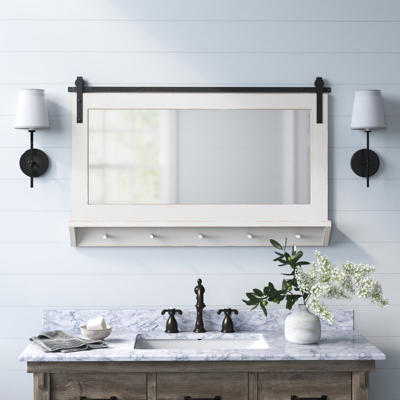 Dayanah Wall Mirror with Hooks and Shelves, White