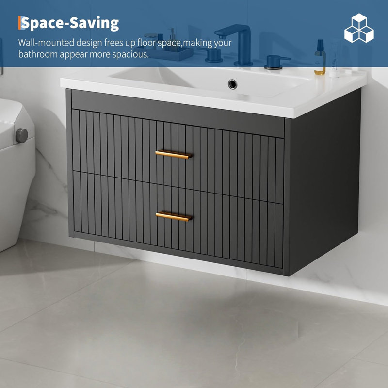 Meuble-lavabo flottant 30 po avec lavabo et tiroirs - Meuble-lavabo mural moderne, lavabo en résine blanc, fermeture en douceur, résistant à l'eau