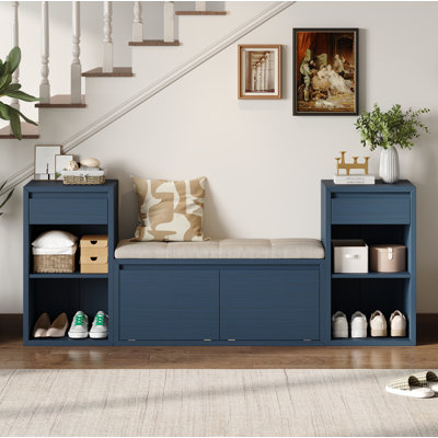 All-in-One Entryway Storage Bench with Cushion, Compartments, Drawers & Open Shelves, Storage Bench for Hallway, Mudroom, Living Room(Antique Navy)