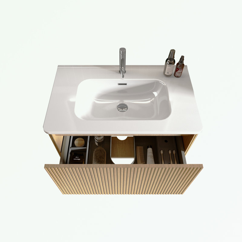 Meuble-lavabo mural avec lavabo en céramique et un tiroir, Naturel