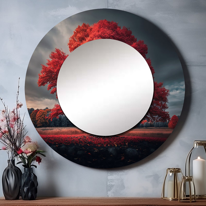 Lonely majestueux arbre rouge dans la campagne II - décor de miroir mural forêt unique, 29 po x 29 po