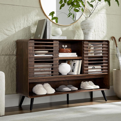 Redlemon 46" Mid Century Entryway Table With Slatted Sliding Door And Adjustable Storage Shelf