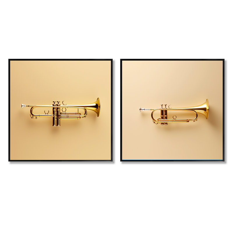 Gold Trumpet Call Bold Brass - Carré musical, ensemble de 2 collages, Cadre flottant noir, H 16 po x l 33 po