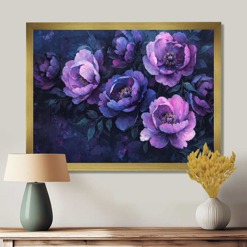 Mauve, pivoines et minuit, art mural III, H 12 po x l 20 po, Floater Framed, Doré