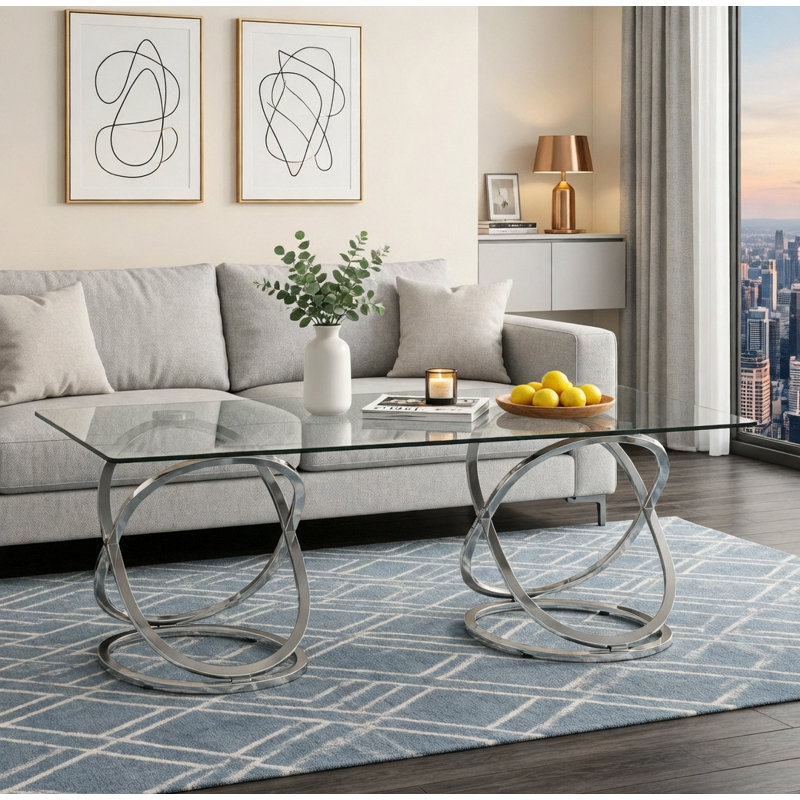 Modern Rectangle Glass Coffee Table With Ring-Shaped Frames And Tempered Glass For Living Room, Bedroom And Office, Silver