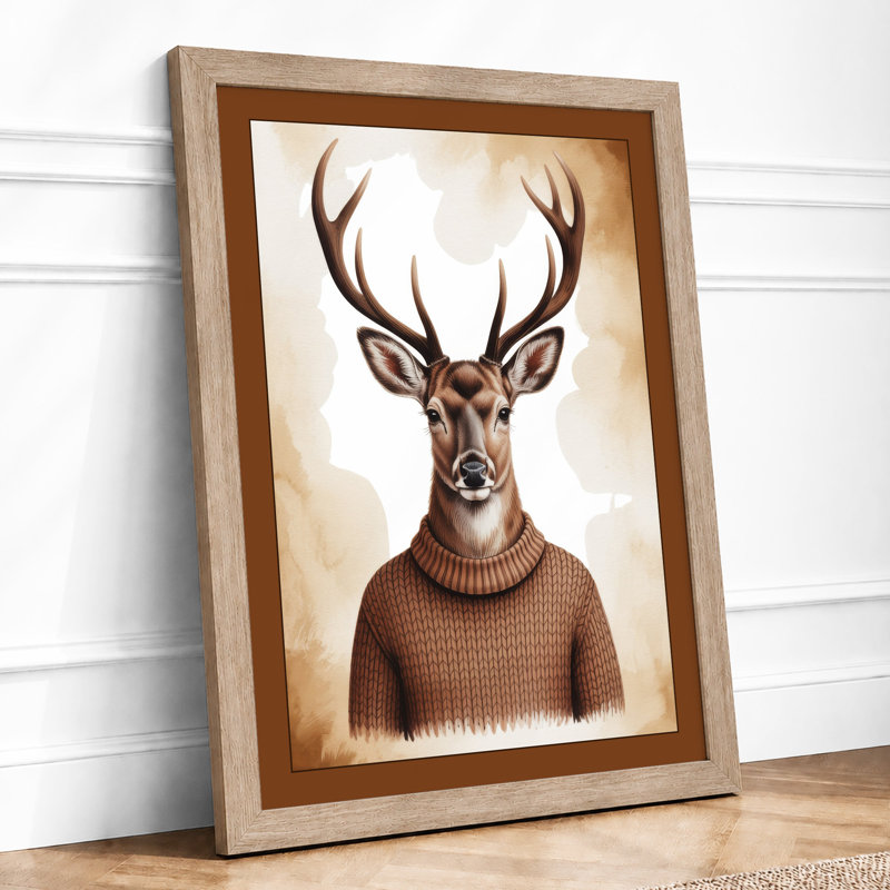 Deer in Knit Boho - Framed Print, A2 - 59.4 x 42.0 cm, Oak