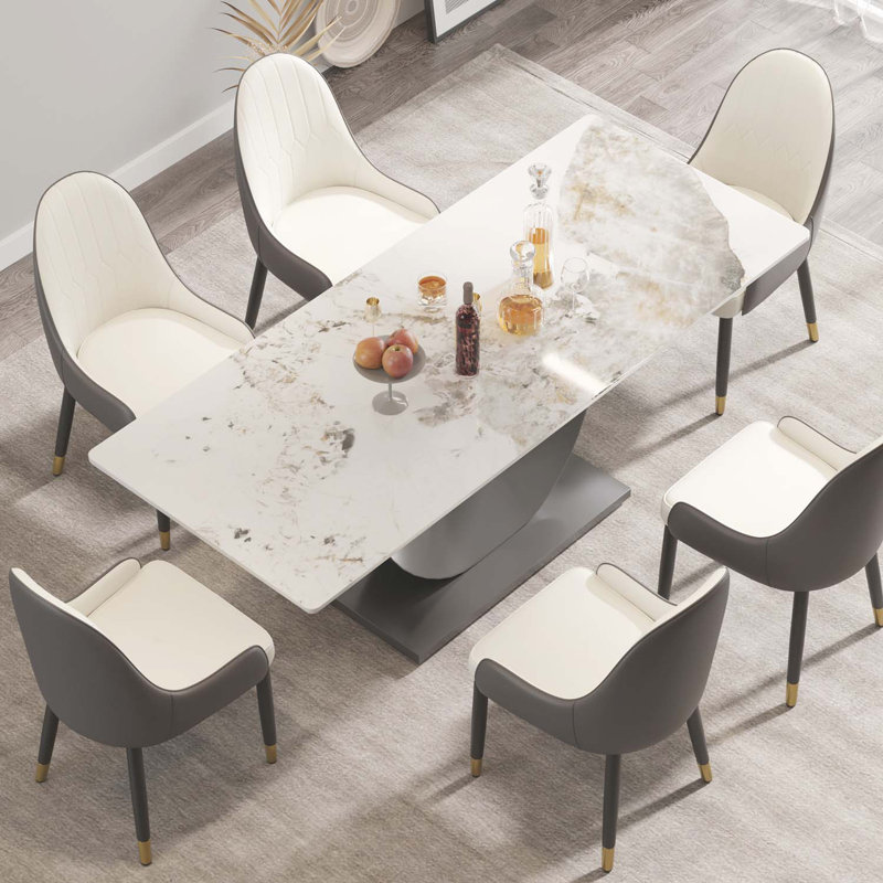 Kentrez Stone Top Metal Base Dining Table, 35.43" W x 78.74" L, Antique White