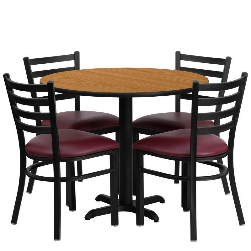 Ensemble de table ronde en stratifié 36 po avec base en X et 4 chaises en métal Jinnie, Naturel, Similicuir noir