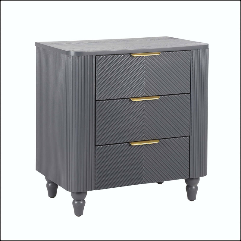 Table de chevet Mid-Century cannelée avec 3 tiroirs et poignées dorées brillantes - Gris foncé, Gris foncé