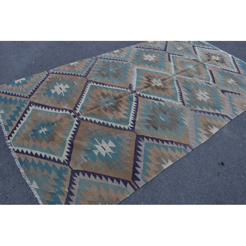 Kilim Oushak turc tissé à la main avec des motifs géométriques traditionnels de style rétro délavé bleu / orange