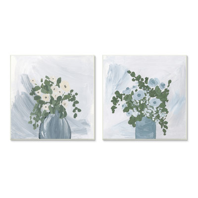" Painterly Blue Daises Flowers Plants Vase Abstract Florals " by Lucillie Price 2 - Pieces