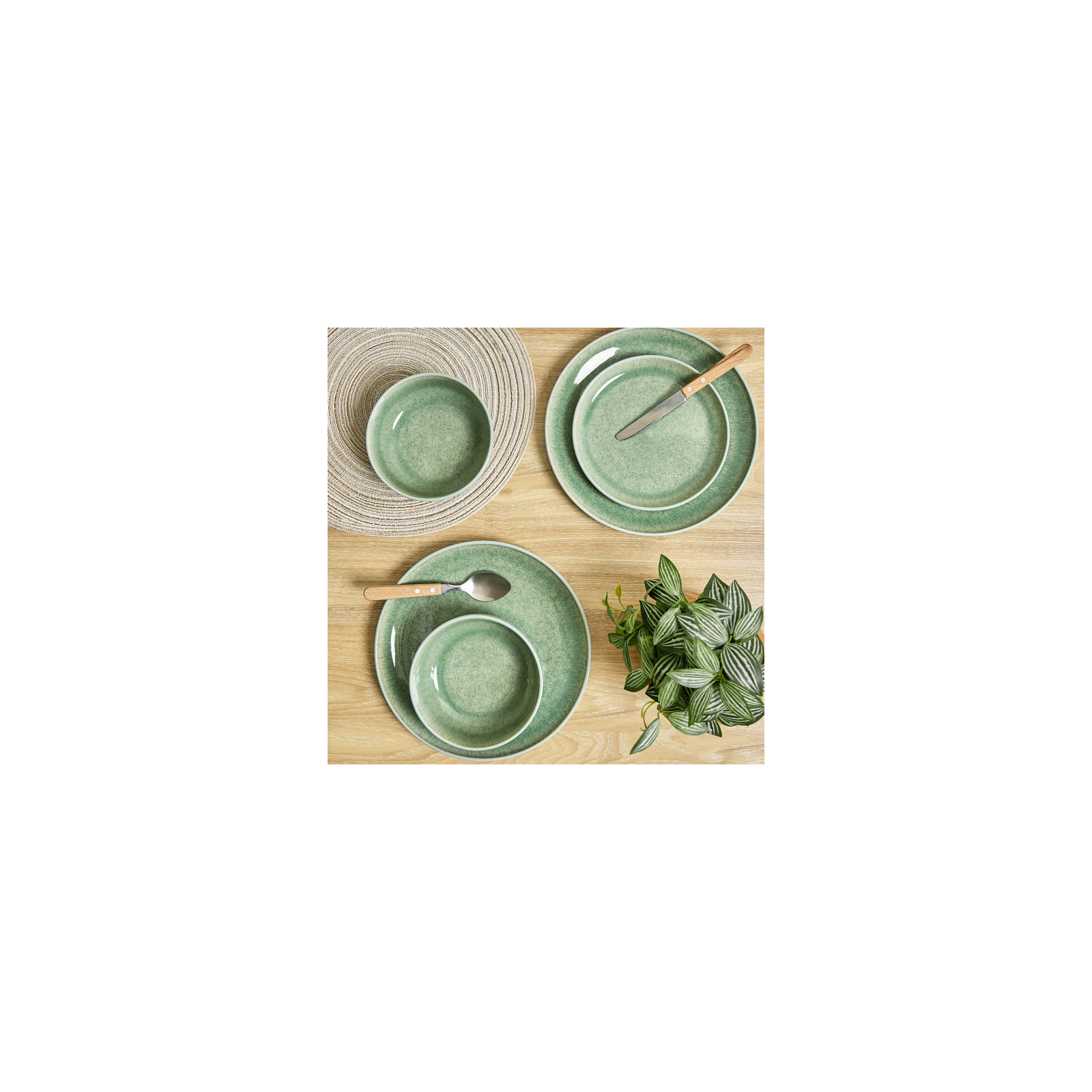 Sango Asher 12-Piece Stoneware Dinnerware Set – Service for 4, Plate & Bowl Set, Green