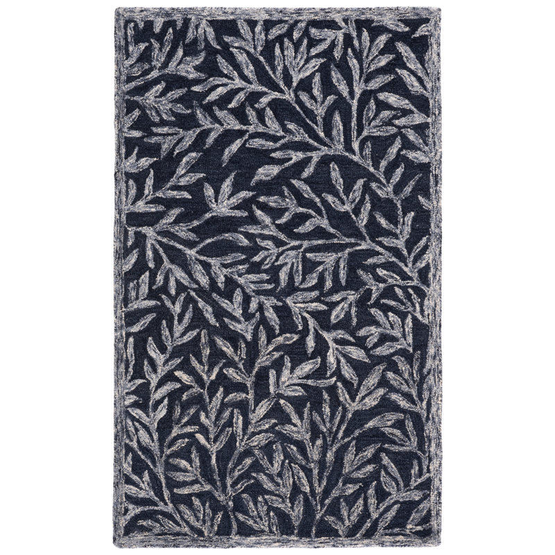 Alduina Floral Handmade Tufted Area Rug in Navy/Ivory, Rectangle 3' x 5'