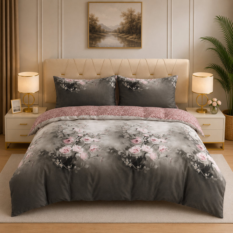 Complete Bedding Set Bliss Grey Floral Duvet Cover, Matching Fitted Sheet & Pillowcases