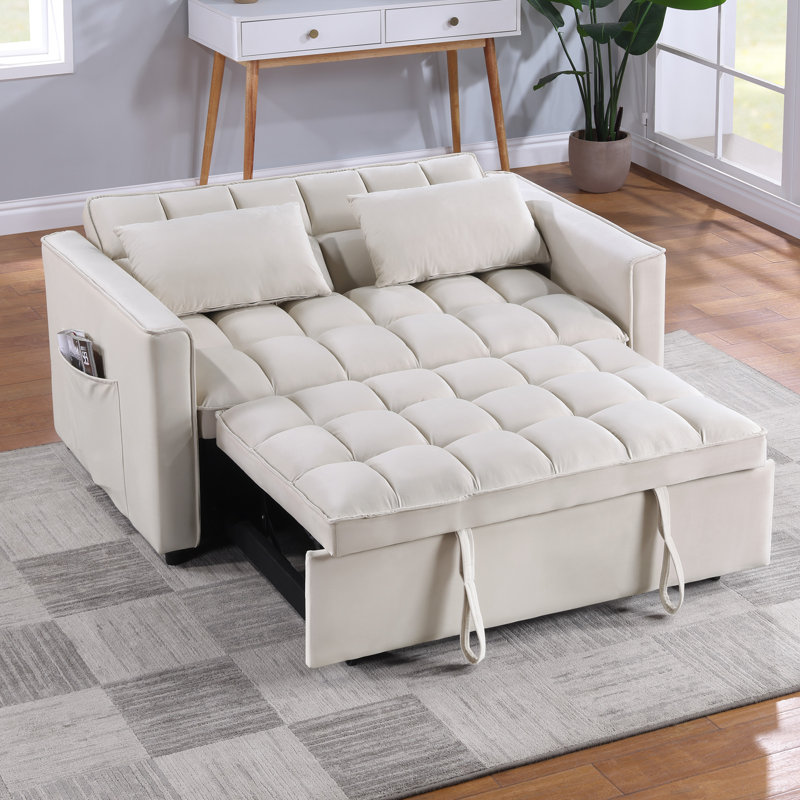Yasirah 55" Wide Contemporary Solid Color Velvet Tufted Back Twin Sofa Beds with Pocket Storage, Beige Velvet