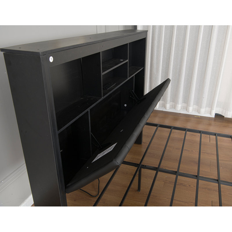 Upholstered Platform Bed with Bookcase Headboard and Charging Station, Low Profile Metal Bed Frame with 4 Drawers and LED Lights, No Box Spring Needed, Black, King Size