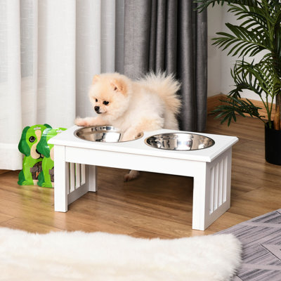 Elevated Dog Bowls , 6" High, Stainless Steel With Modern Wood, White, Reduces Floor Mess, Improves Pet Health And Hygiene Tall Feeding Platform, Wooden Frame, Food Waste Pet's Quality Of Life