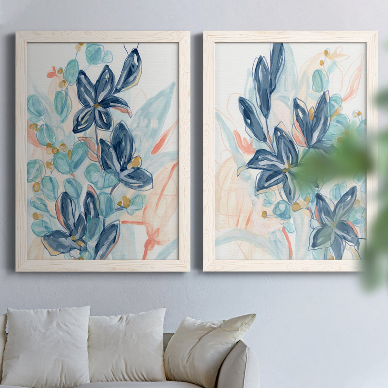 Blooming Blues I - ensemble de 2 cadres photo, H 43,5 po x l 31,5 po x P 1 po, Toile blanche encadrée