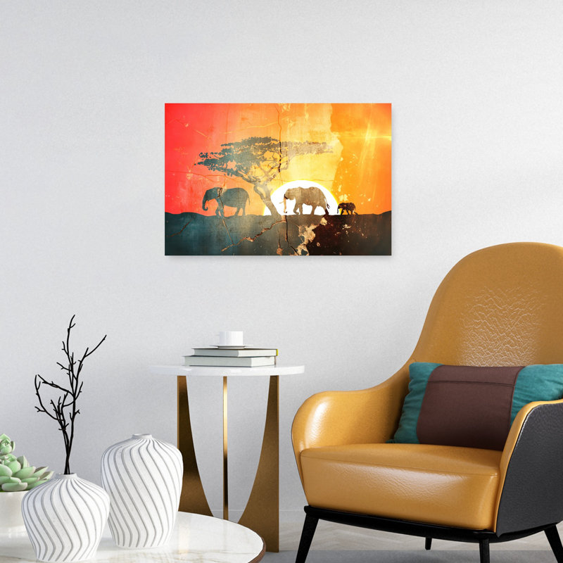 Coucher de soleil africain, éléphants dramatiques, paysage rustique d'éléphants, art mural nature, 16" H x 24" W