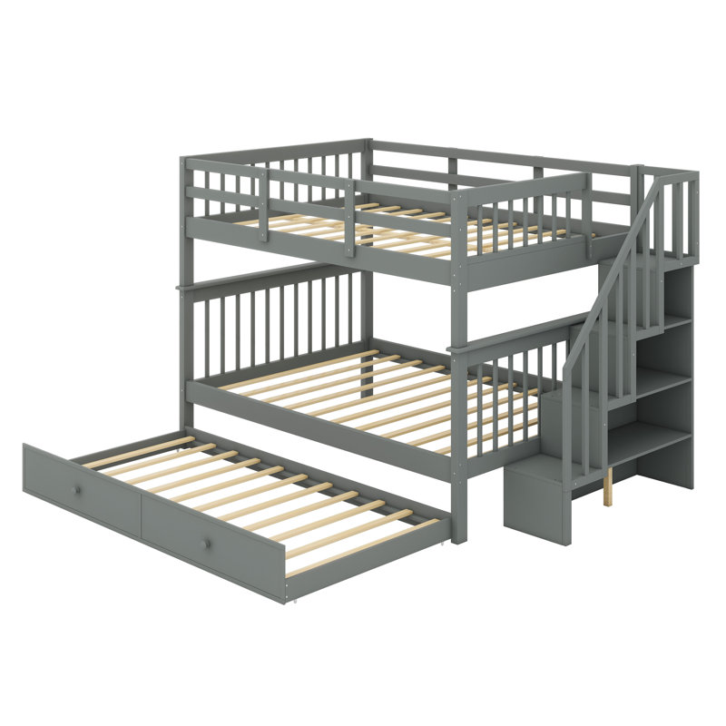 Kids Full Over Full Bunk Bed with Trundle, Gray