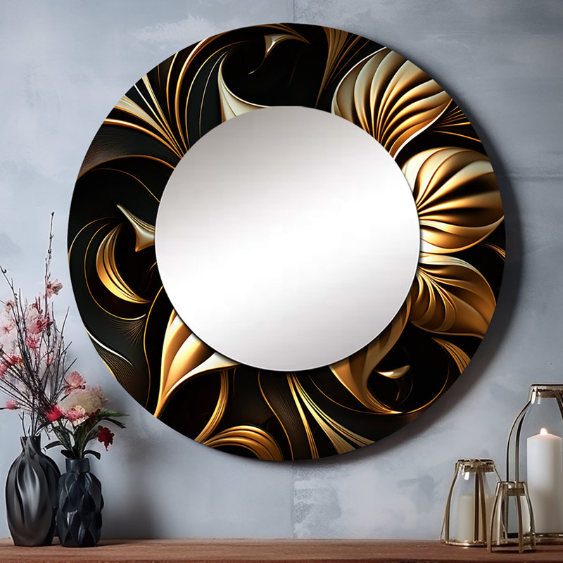 Golden Lily On Black I - miroir décoratif Lily, miroir mural moderne, impression d'art en métal, 29 po x 29 po, Rond