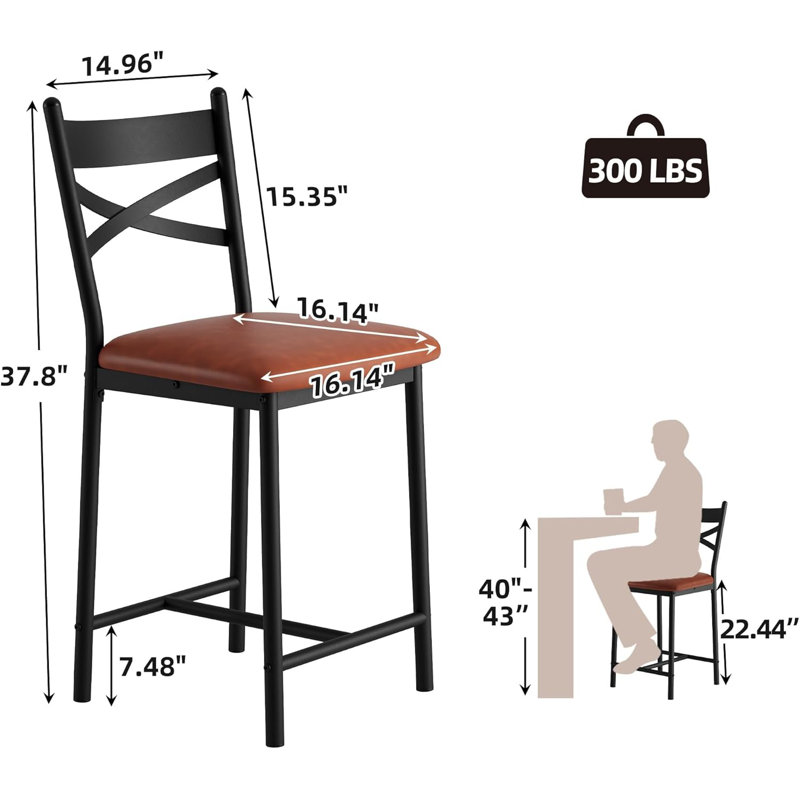 Counter Height Bar Stools Set of 4, Metal Frame, Thick Cushioned Seat for Kitchen Island, Brown, Brown, 4, Black
